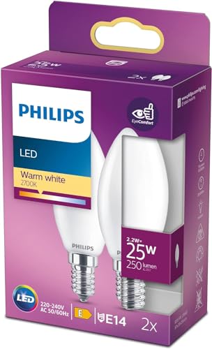 Philips LED Classic E14 Lampe, 25 W, Kerzenform, nicht dimmbar, matt, warmweiß, 2er Pack von Philips Lighting