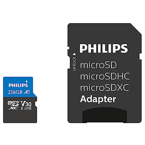 Philips Ultra Pro microSDXC Card 256 GB + SD Adapter UHS-I U3, Lesegeschwindigkeit bis zu 100MB/s, A1 Fast App Performance, V30, Speicherkarte für Smartphones, Tablet, PC, Card Reader, 4K UHD Video von Philips