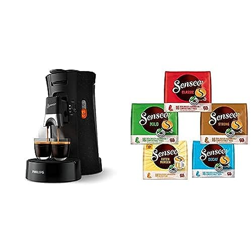 Philips Senseo Select ECO CSA240/20 Kaffeepadmaschine (schwarz/gesprenkelt) + Senseo Pads, Probierbox mit 5 Sorten, 74 Kaffeepads von Philips