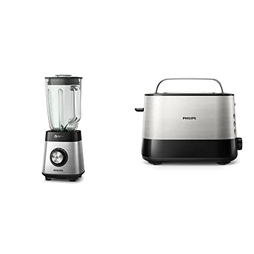 Philips Standmixer HR3573/90, 1000W Smoothie Mixer, 27000 U/min, 2L Glasbehälter, Trinkflasche, Ice-Crush Funktion, Spülmaschinenfest, Metall/Glas & HD2637/90 Toaster, Kunststoff, Schwarz/Edelstahl von Philips