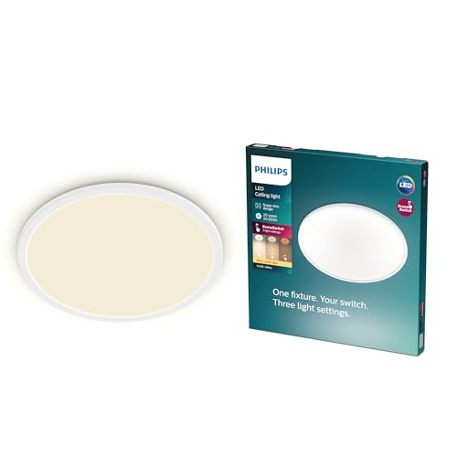 Philips Super Slim Deckenleuchte, dimmbar, 15 W, 2700 K, warmweißes Licht, weiß, IP20, flimmerfrei von Philips