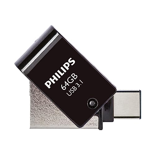 Philips USB Stick 64GB Dual Connector USB 3.1 and USB-C Flash Drive for PC, Laptop, Computer, (Android) Smartphone, Tablet Ultra Small Reads up to 180MB/s Black von Philips