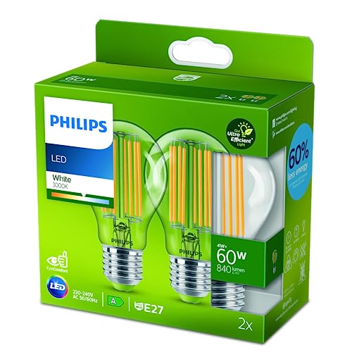 Philips Classic ultraeffiziente E27 LED Lampe, 60W, klar, warmweiß, Doppelpack von Philips Lighting