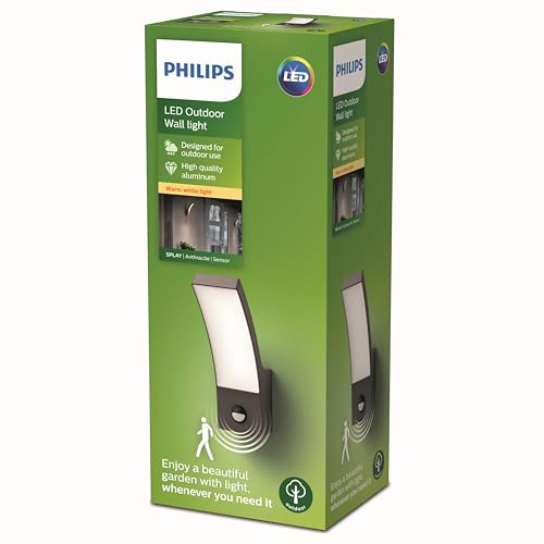 Philips Outdoor Splay LED Wandleuchte inkl. Sensor, 12W, Anthrazit, warmweißes Licht 2.700K, IP44 Schutzklasse, integriertes Leuchtmittel von Philips Lighting