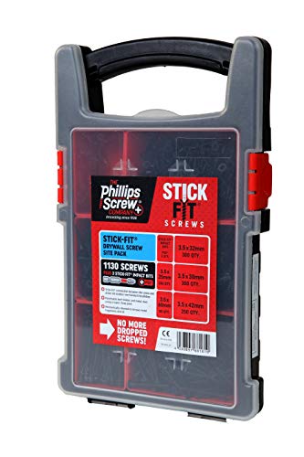 Phillips Stick-Fit Schnellbauschrauben Baustellenpaket – 1130 Hochleistungsschrauben in 5 essentiellen Größen & 3 Stick-Fit-Schraubendreher-Bits von Phillips Stick-Fit