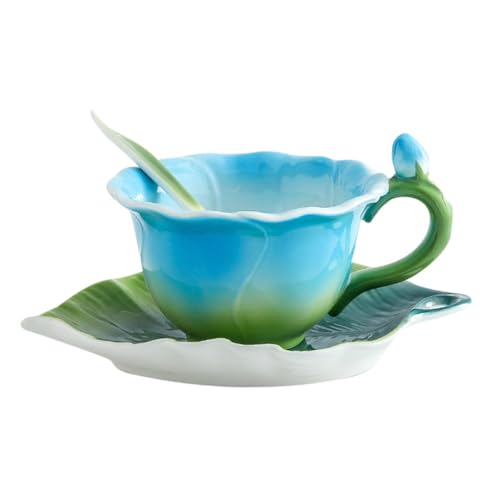 Philo Fun Teetasse und Untertasse, Teetasse und Untertasse, Teetasse mit Löffel, Emaille, Porzellan, Rosenform, 159 ml, Blau von Philo Fun