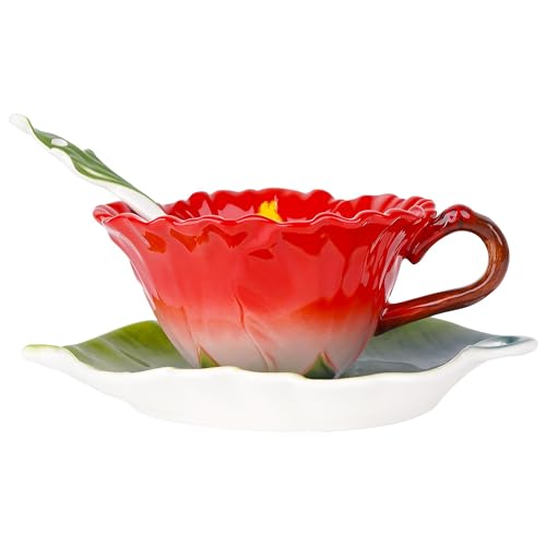 Philo Fun Teetassen- und Untertassen-Set mit Hibiskusblüte, 170 ml, Emaille-Blume, Porzellan, Kaffeetasse, Untertassen-Set mit Löffel für Frauen, handgefertigtes Tee-Set (Hibiskus) von Philo Fun