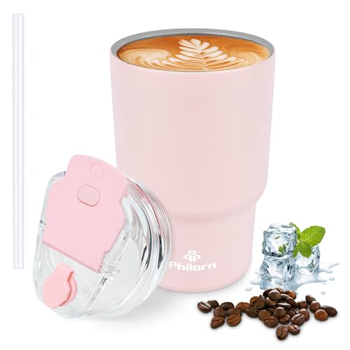 Philorn Thermobecher Kaffee to go, 14OZ/400ml mit Doppelwand, Wiederverwendbarer Kaffeebecher mit Deckel & Strohhalm, Rosa Coffee to go Becher für Heiße und Kalte Getränke von Philorn