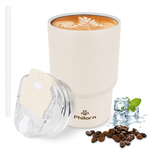 Philorn Thermobecher Kaffee to go, 14OZ/400ml mit Doppelwand, Wiederverwendbarer Kaffeebecher mit Deckel & Strohhalm, Weiß Coffee to go Becher für Heiße und Kalte Getränke Philorn Thermobecher Kaffee to go, 14OZ/400ml mit Doppelwand, Wiederverwendbarer Kaffeebecher mit Deckel & Strohhalm, Weiß Coffee to go Becher für Heiße und Kalte Getränke von Philorn