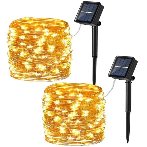 PhilzOps [2 Stück] Solar Lichterkette Aussen, 12M 120 LED Outdoor Weihnachten Lichterkette Warmweiß Kupferdraht Solarlichterkette 8 Modi Wasserdicht für Garten Balkon Terrasse Hof Hochzeit Party Deko von PhilzOps