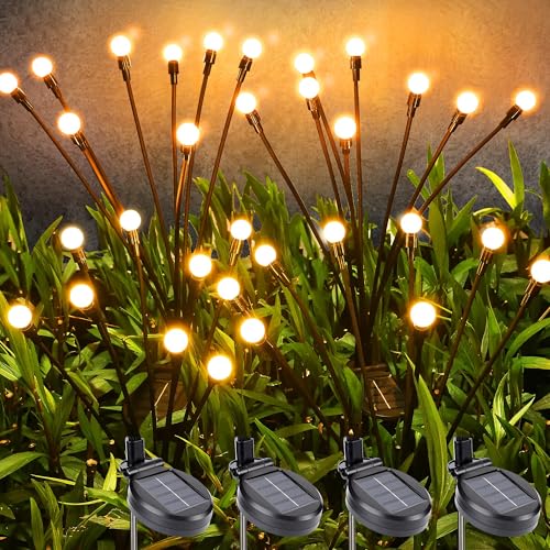 PhilzOps Solarlampen für Außen Garten, 4 Stück 32 LED Solar Glühwürmchen Lichter IP65 Wasserdicht Solarleuchten Firefly Solar Gartenleuchten Deko für Rasen Gehweg Hof Balkon Terrasse Draußen, Warmweiß von PhilzOps