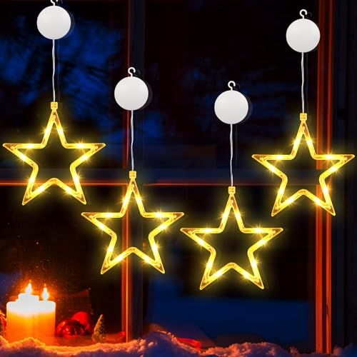 PhilzOps Fenster Weihnachtsbeleuchtung, 4 Stück 10 LED Fensterdeko Sterne Lichterkette Innen Batteriebetriebene Timer mit Saugnäpfe Weihnachtsstern Lichter für Zimmer Garten Tür Aussen Party, Warmweiß von PhilzOps