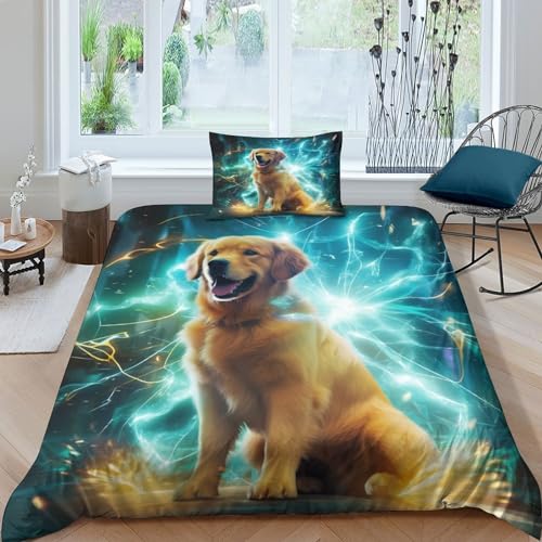 Phiree Golden Retriever Bettwäsche 3teilig Blitzender Hund Bettdeckenbezug 3D Gedruckt Betten Mit Reißverschluss Microfaser Bettbezug Kissenbezug Für Jugendliche Kinder Single（135x200cm） von Phiree