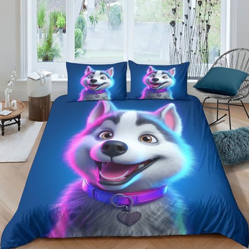 Phiree Husky 3D Gedruckter Niedliches Hündchen Für Kinder Mädchen Jungen Bettwäschegarnitur Bettbezug Set Weich Microfaser Bettwäsche Reissverschluss Und Kissenbezüge 3 Teilig King（220x240cm） von Phiree