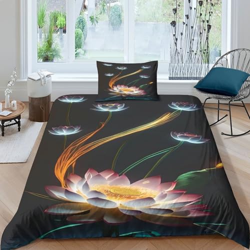 Phiree Lotus 3D Gedruckter Fraktal-Pflanzen Mädchen Junge Kinder Bettbezug Set Bettwäschegarnitur Reissverschluss Bettwäsche Weich Microfaser Und Kissenbezüge 2 Teilig Single（135x200cm） von Phiree