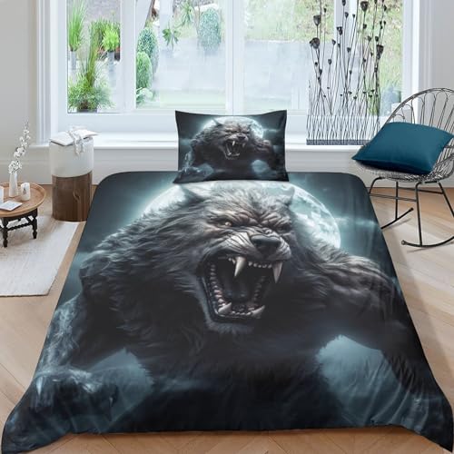 Phiree Werwolf Bettwäschegarnitur Mädchen Junge Kinder 3D Gedruckter Legendäre Tiere Bettbezug Set Reissverschluss Weich Microfaser Bettwäsche Und Kissenbezüge 2 Teilig Single（135x200cm） von Phiree