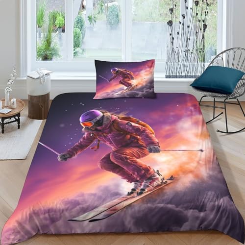 Skifahren Bettbezug Set Bettwäschegarnitur 3D Gedruckter Extremsportarten Mädchen Junge Kinder Reissverschluss Und Kissenbezüge Weich Microfaser Bettwäsche 2 Teilig Single（Stempelabgabe35x200cm） von Phiree