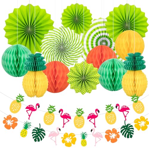 Phlognfy Hawaii Thema Party Dekoration Set, Summer Party Deko Gartenparty, 6 Grüne Papierfächer, 5 Wabenbälle, 2 Ananaswaben, 2 Flamingo Ananas Filzbanner, für Sommer Geburtstagdeko Dschungel von Phlognfy