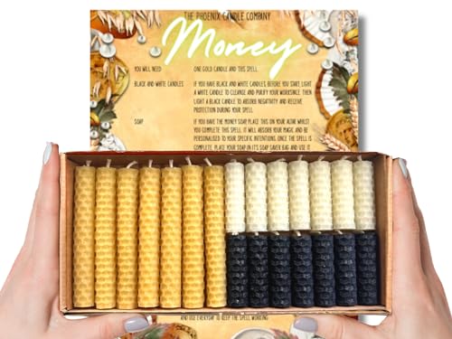 Money | Packung mit 2 und 10,2 cm Bienenwachs-Zauberkerzen | Gold | Schwarz und Weiß | geruchlos | handgerollt | Brenndauer 35 und 80 Minuten von Phoenix Candle Company