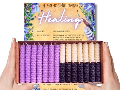 Phoenix Candle Company - Heilendes Bienenwachs-Zauberkerzen-Set mit A4-Zauber – 21 Stück – handgerollt – Lavendel von Phoenix Candle Company