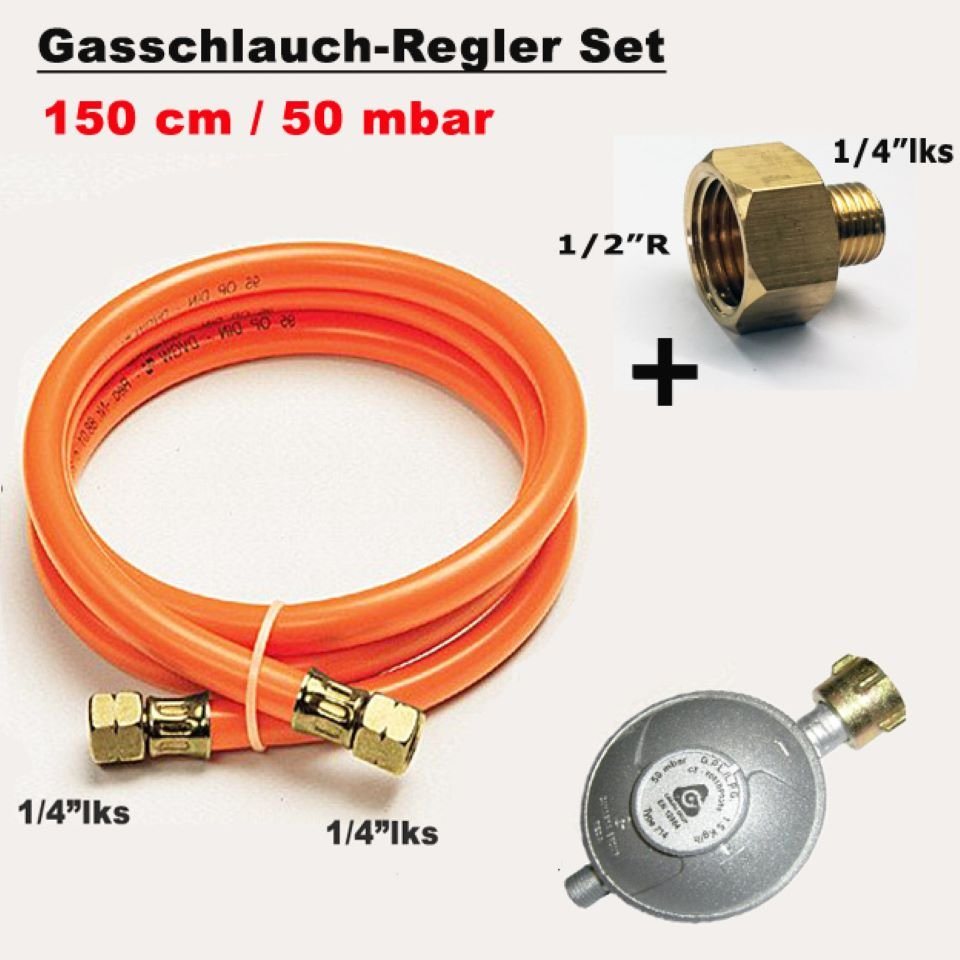 Phönix Germany Gasdruckregler 150/50/gs(a), 50,00 mbar, 150 cm Gasschlauch Druckminderer 50 mbar Übergang 1/2"R x 1/4"lks von Phönix Germany