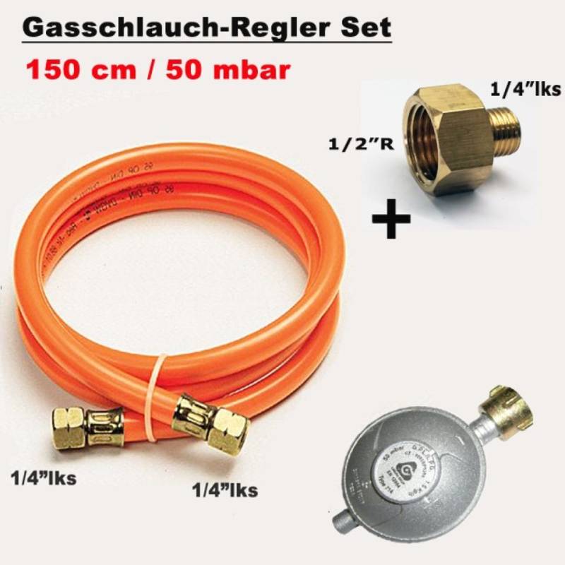 Phönix Germany Gasdruckregler 150/50/gs(a), 50,00 mbar, 150 cm Gasschlauch Druckminderer 50 mbar Übergang 1/2"R x 1/4"lks von Phönix Germany