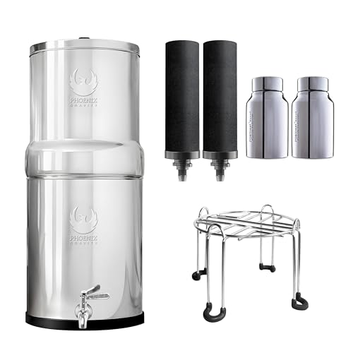 Phoenix Gravity 6-Liter-Edelstahl-Trinkwasserfilter mit Schwerkraftzufuhr, 2 Phoenix-Kohlefilter und 2 POSTreat-Fluoridentfernungsfilter, Edelstahlhah von Phoenix Gravity