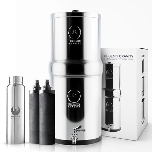 Phoenix Gravity Trinkwasserfilter aus Edelstahl, 12 Liter, mit 2 Phoenix Carbon-Wasserfilterkartuschen, Edelstahlhahn von Phoenix Gravity