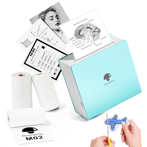 Phomemo M02 Mini Drucker mit 3 Etikettenrollen, Taschendrucker für Smartphone, Bluetooth Aufkleber Drucker Thermodrucker zum Studium, Notizen, Bilder, Fotos, Tagebücher von Phomemo