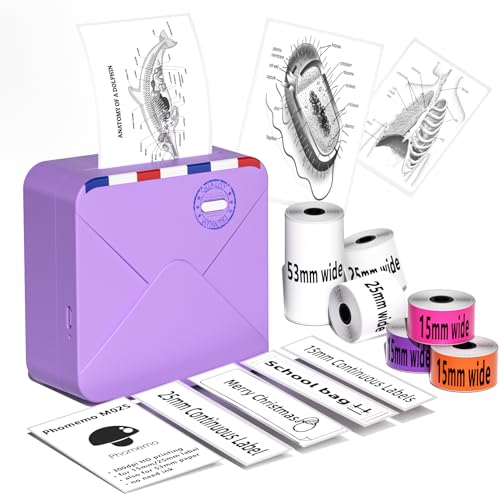 Phomemo M02S Mini-Fotodrucker Wireless Bluetooth 300dpi Tragbarer HD-Druck mit wiederaufladbarem Akku, Geeignet für Journal Organisationsfotos, Kompatibel mit iPhone & Android, Lila, 6 Etikettenrollen von Phomemo