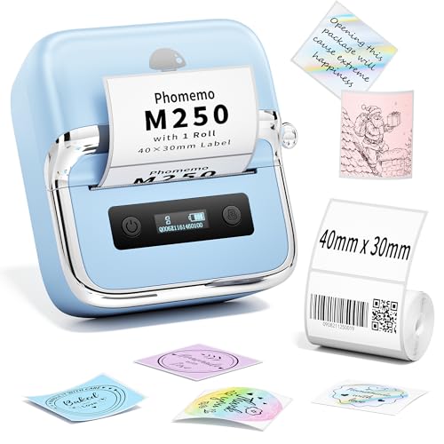 Phomemo M250 Etikettendrucker, Etikettendrucker Selbstklebend Bluetooth Beschriftungsgerät Barcode, Einzelhandel, Etikettiergerät kleine Unternehmen, Mit 1 Rollen Etiketten - Blau von Phomemo