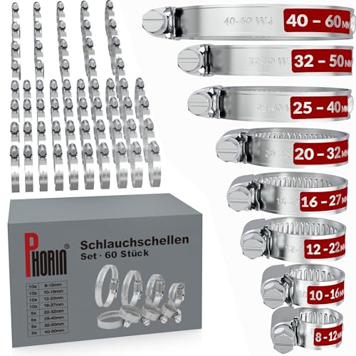 Phorin® 60x Set 8 Größen von 8-60mm Schlauchschellen - Rohrschelle, Schlauchklemme aus 304 Edelstahl - Ideal für Fahrzeug,Haus,Garten und mehr von Phorin