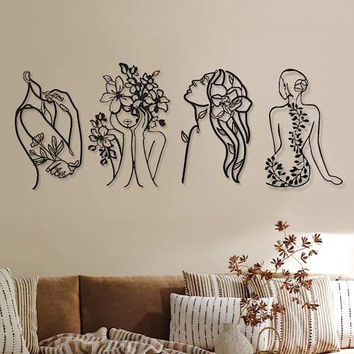 Photect 4 Stück Metall Minimalistische Abstrakte Frau Wandkunst Schwarze Metall Weibliche Wandkunst Frau Strichzeichnungen Wanddeko Strichzeichnung Ästhetische Frauen Körper Gesicht von Photect