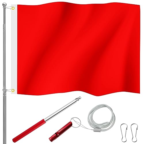 Photect Rote Teleskopische Fahne Pfahl Pfeife mit Lanyard und 2 Haken Set 3 x 5 Fuß Polyester Fahne mit Ösen zum Bemalen oder Besprühen von Photect