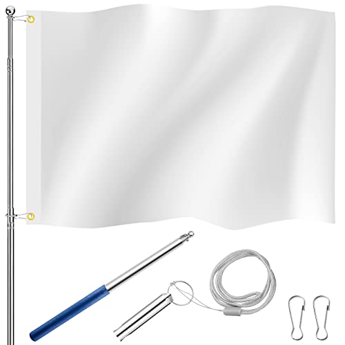 Photect Fahne Weiß zum Bemalen 90x150 cm Weisse Flagge zum Selbst Gestalten mit Teleskop Fahnenmast Pfeifen und 2 Haken Polyesterflagge mit Ösen zum Bemalen oder Besprühen von Photect