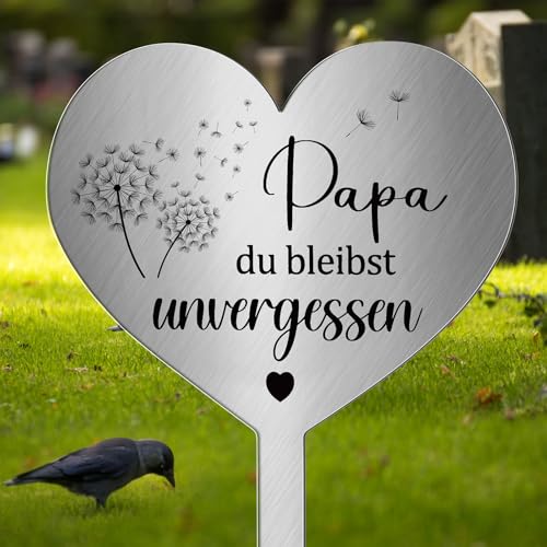 Photect Grabschmuck Wetterfest Grabstecker Metall Herz mit Spruch Papa Du Bleibst Unvergessen Herz Frostbeständig Grabdekoration zum Erinnerung Andenken Dekoherz Trauer von Photect