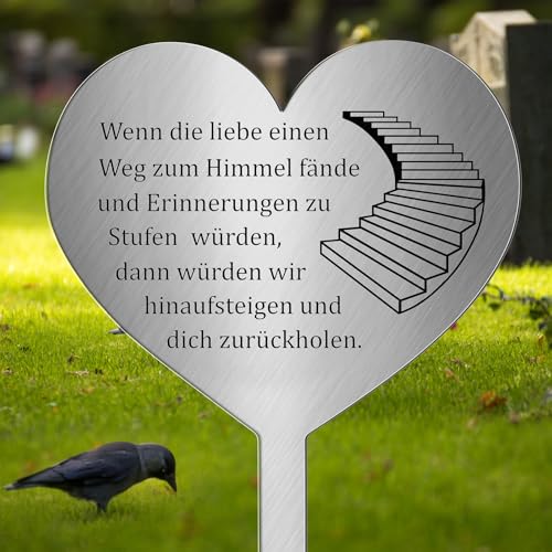 Photect Grabstecker Metall Herz mit Spruch Wenn Die Liebe Einen Weg zum Himmel Fände und Erinnerungen zu Stufen Würden Herz Grabdekoration Wetterfest Grabschmuck zum Erinnerung Dekoherz Trauer von Photect