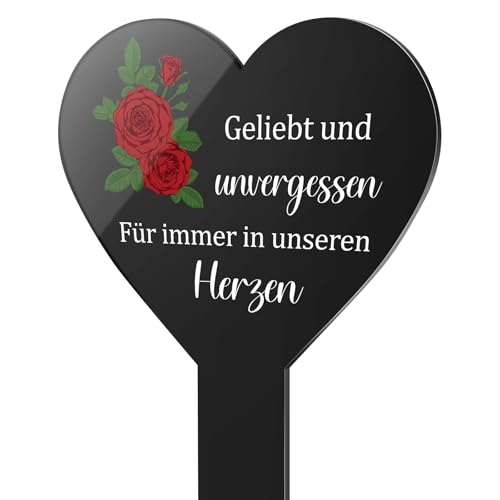 Photect Herz Grabstecker Schwarz Acryl Grabschmuck mit Gravur Geliebt Und unvergessen Für Immer in Unseren Herzen Gedenktafel Grabstein Grabdeko Wetterfest Gartenstecker für Grab (Bunt) von Photect
