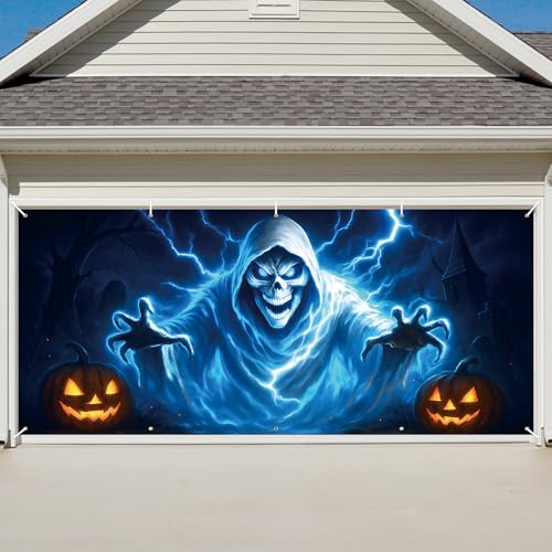 4,8 x 2,1 m Halloween Geist Skelett Garagentor Abdeckung Banner Hintergrund Dekorationen - Gruseliger blauer Geist mit Blitz und Kürbissen bedruckt hängende Garagentorabdeckung für den Außenbereich 4,8 x 2,1 m Halloween Geist Skelett Garagentor Abdeckung Banner Hintergrund Dekorationen - Gruseliger blauer Geist mit Blitz und Kürbissen bedruckt hängende Garagentorabdeckung für den Außenbereich von Photken