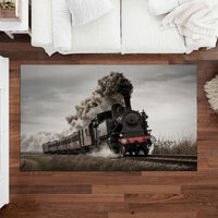 Vintage Schwarz Zug Teppich Grau Und Rot Indoor Alte Dampf Boden Matte Wagen Auf Schienen Wohnzimmer Angepasst von PhotoDuchess