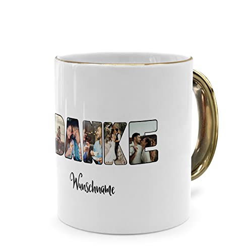 PhotoFancy® - Fototasse 'DANKE' - Personalisierte Tasse mit eigenem Foto und Text selbst gestalten - Gold glänzend von PhotoFancy