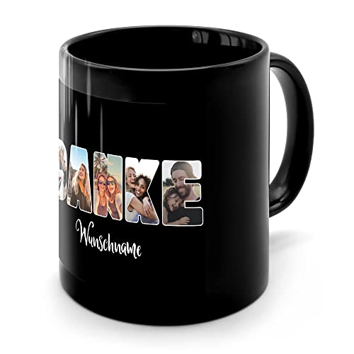 PhotoFancy® - Fototasse 'Danke' - Personalisierte Tasse mit eigenem Foto und Text selbst gestalten - Schwarz glänzend von PhotoFancy