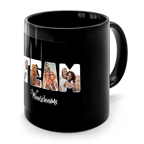 PhotoFancy® - Fototasse 'TEAM' - Personalisierte Tasse mit eigenem Foto und Text selbst gestalten - Schwarz glänzend von PhotoFancy