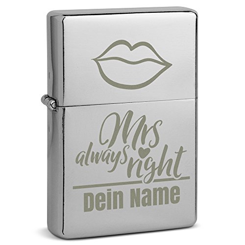 PhotoFancy® - Graviertes Sturmfeuerzeug Set mit eigenem Namen - Layout Mrs Always Right - Benzinfeuerzeug mit Gravur inkl. Metall-Geschenkdose von PhotoFancy