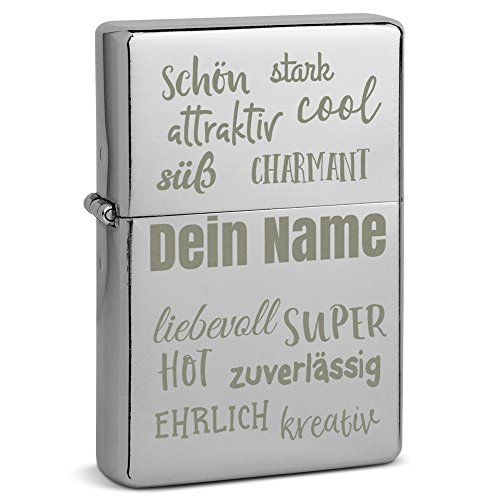 PhotoFancy® - Graviertes Sturmfeuerzeug Set mit eigenem Namen - Layout Positive Eigenschaften - Benzinfeuerzeug mit Gravur inkl. Metall-Geschenkdose von PhotoFancy