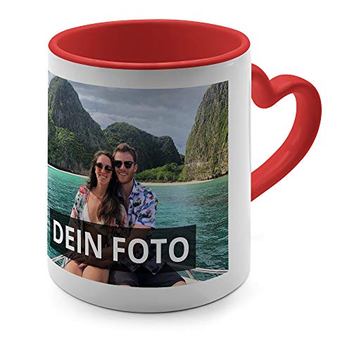 PhotoFancy® - Herz-Tasse mit Foto selbst gestalten - Kaffeebecher mit Herz-Henkel personalisieren und bedrucken - Farbe: Rot von PhotoFancy