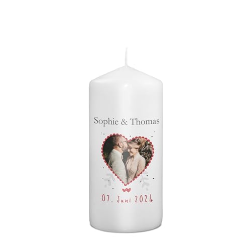 PhotoFancy® - Personalisierte Hochzeitskerze - Fotokerze mit eigenem Foto/Text bedrucken lassen - Kerze mit Hochzeits-Design: Herzenslicht - 15 cm Höhe von PhotoFancy