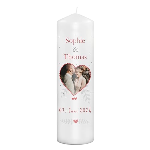 PhotoFancy® - Personalisierte Hochzeitskerze - Fotokerze mit eigenem Foto/Text bedrucken lassen - Kerze mit Hochzeits-Design: Herzenslicht - 29 cm Höhe von PhotoFancy