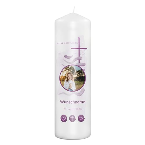 PhotoFancy® - Personalisierte Kommunionkerze - Fotokerze mit eigenem Foto/Text bedrucken lassen - Kerze mit Kommunions-Design: Hoffnungsstrahl - 29 cm Höhe von PhotoFancy