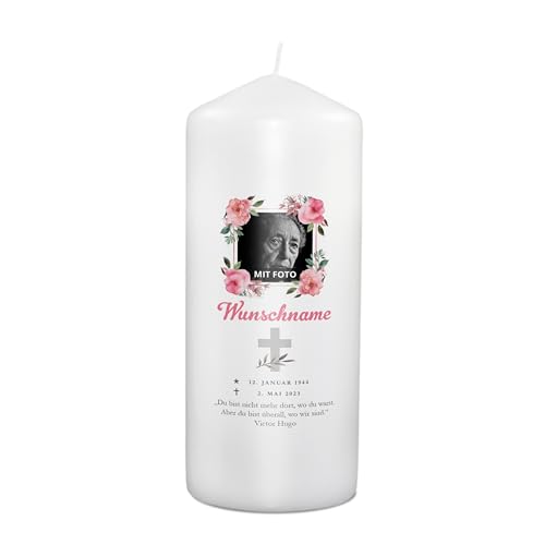PhotoFancy® - Personalisierte Trauerkerze - Fotokerze mit eigenem Foto/Text bedrucken lassen - Kerze mit Foto-Design: Blumen - 19 cm Höhe von PhotoFancy